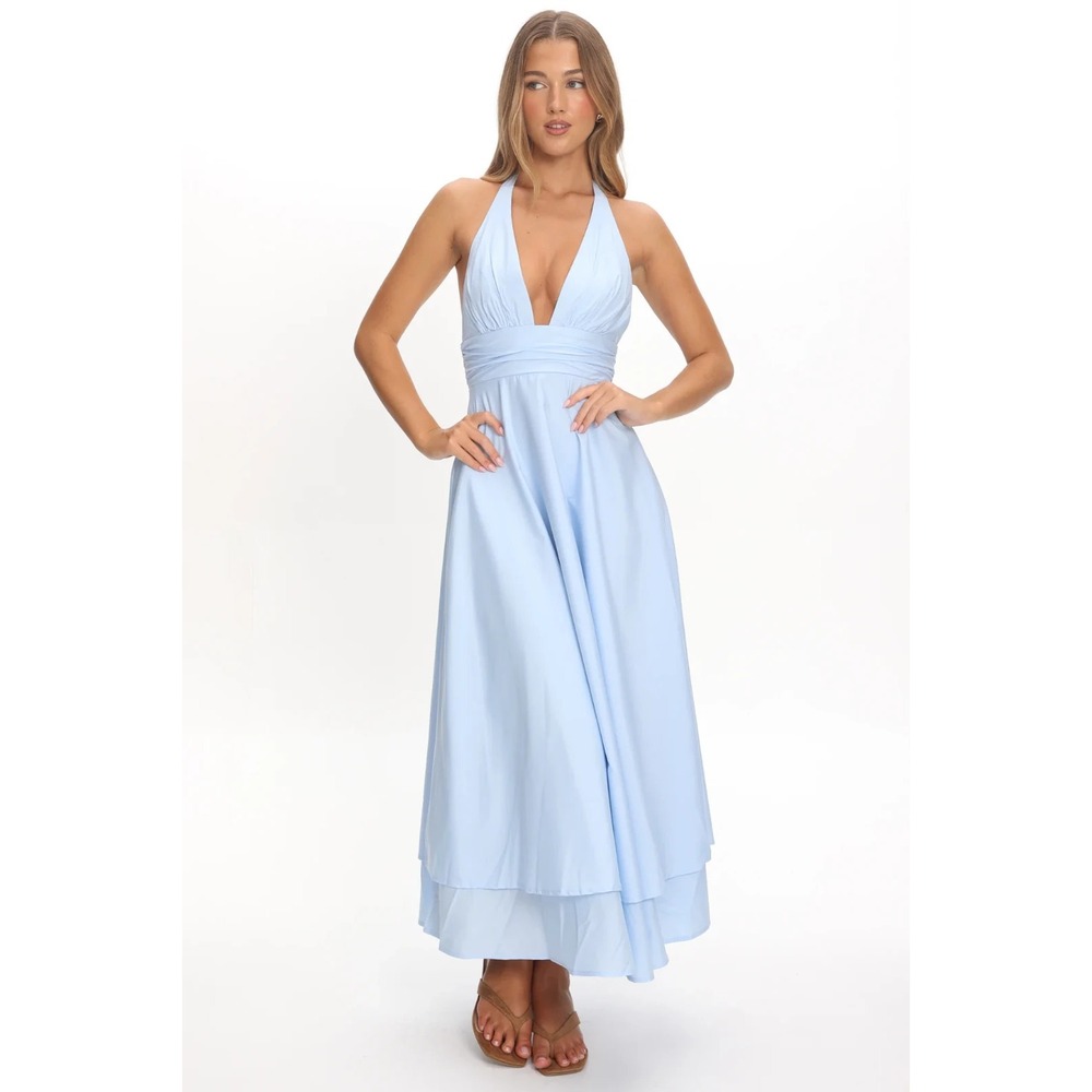 Selfie Leslie Blue Satin-Feel Halter Maxi Dress XS NWT Bow Detail Formal Evening
